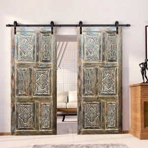 Artisan Carved Vintage Barn Door Boho Blue Rustic Farmhouse Statement Door 80x36 - Picture 1 of 6