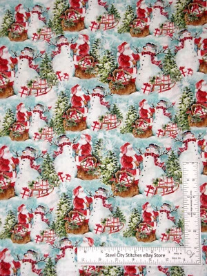 Tecido de Natal Papai Noel boneco de neve árvores Susan Winget CP72467 algodão por jarda - Imagem 1 de 2