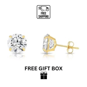 14K Solid Yellow/White Gold Round CZ Stud Earrings Basket Setting 2-10mm - Picture 1 of 4