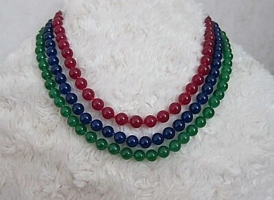 Collar de 3 filas de cuentas gemas de rubí y zafiro esmeralda - Nuevo. Foto 1 de 4