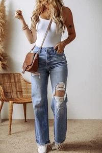 Women's Distressed Denim High Rise Straight Leg Jeans with Pockets Sz 10 - Picture 1 of 6