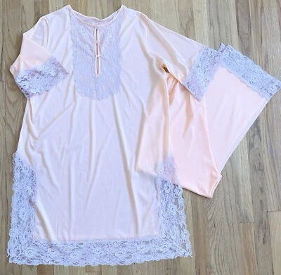 Vintage 60s Nylon Pajamas *Medium* PEACH Lace Trim Keyhole Tunic and Pants Set - Image 1 of 2