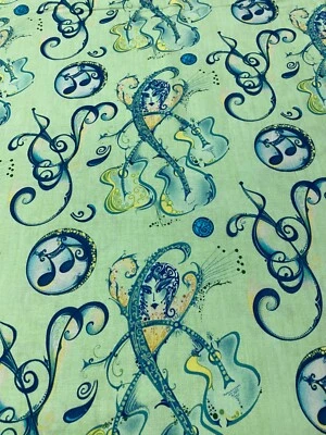 GUITAR MUSIC INSTRUMENTS NOTES FACES &MORE GREEN DIGITAL COTTON FABRIC FQ - Image 1 of 2