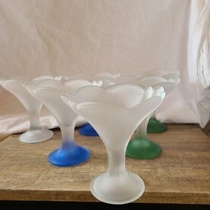 Set of 6 White, Blue, and Green Borgonovo Frosted Tulip Stemmed Sundae Dishes - Picture 1 of 9