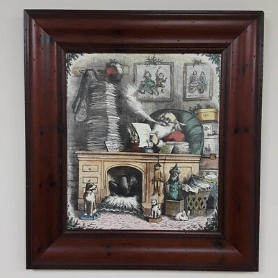 VTG Christmas Lithograph Santa Claus Mail Rustic Wood Framed Art Thomas Nast - Image 1 of 4