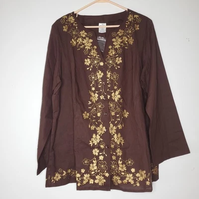 Womens Linen Cotton Top Shirt Size 2X Brown Floral Boho Chic Lagenlook Fall chic - Image 1 of 4