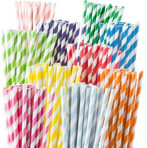 Biodegradable Straws - 200 Pack Striped in 10 Colors - Durable, Eco-friendly, No - Picture 1 of 9