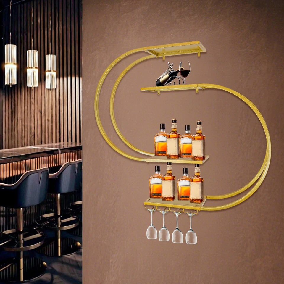 Wall Mounted Wine Rack with Wine Glass Hooks, Wine Storage Rack Gold Wine Holder - Image 1 of 4