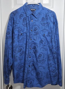 Mango Delgado Para Hombres L Azul Paisley Diamante Perla A Presión Western Rodeo Manga Larga - Imagen 1 de 10