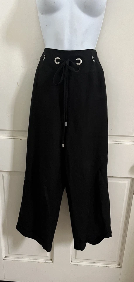 PANTOLOGY 全新带标签! 黑色亚麻/人造丝高腰绑带阔裤 14W 码 — 第 1/4 张图片