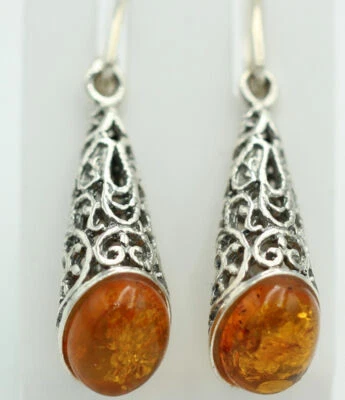 Boucles D'Oreilles En Ambre Design Élégant En Argent Sterling 925 Top - Photo 1/4