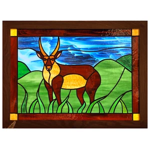 VTG Leaded Stained Glass Window Panel Antelope 25.75"x19.6" Framed - AS IS, READ - Picture 1 of 19