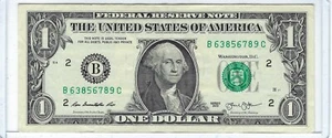 Billete de dólar 2013 de $1 serie elegante # ESCALERA funcionamiento de 5 dígitos B63856789C - Imagen 1 de 3