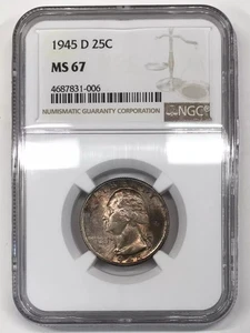 1945 D Silver Washington Quarter NGC MS-67 - toned - nice coin - Picture 1 of 5