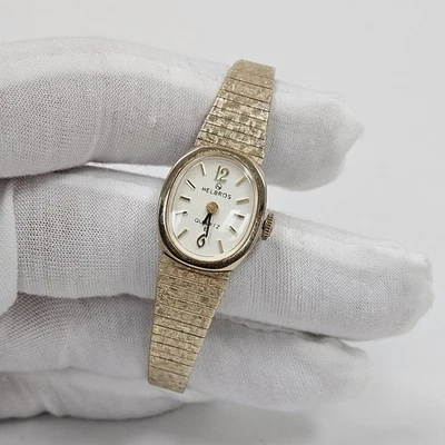 Vintage Helbros Cocktail Dress Watch Women 16mm Gold Tone Oval New Battery - Image 1 of 4