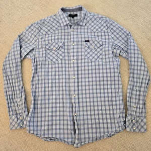 Diesel Mens Western Pearl Snap Blue Check Plaid Long Sleeve Cotton Shirt XL - Picture 1 of 10