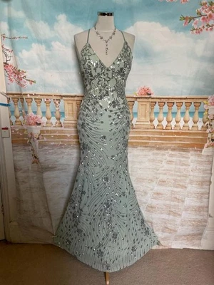 Strappy Dress 12 Green Sequin QUIZ Ballgown Fishtail Stretch Crossback Evening - Image 1 of 4