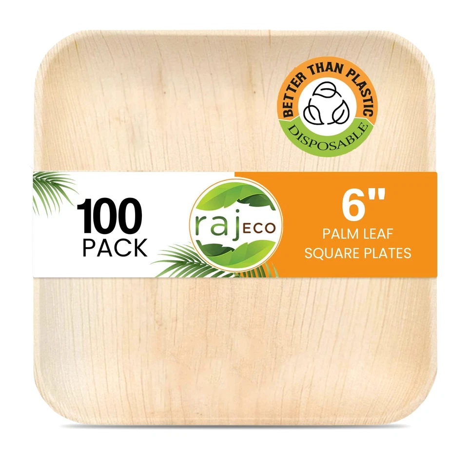 Raj Palm Leaf Plates [100-Pack] 6" Square Plates like Bamboo plates Disposabl... - Image 1 of 4