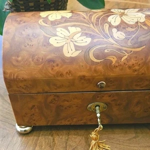 Vtg Italian Elm Burl Inlaid Music Box Floral Marquetry Dome Lid Reuge Italy - Picture 1 of 12