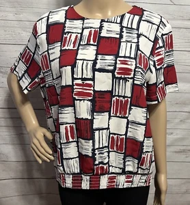 Vintage Alfred Dunner Blouse Size 14 Petite Red White Blue Pattern Elastic Waist - Picture 1 of 13