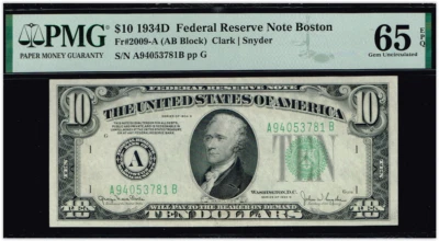 $10 1934D  Boston FRN. Fr. 2009-A. TOUGH GEM NOTE.  PMG 65 EPQ - Image 1 of 3