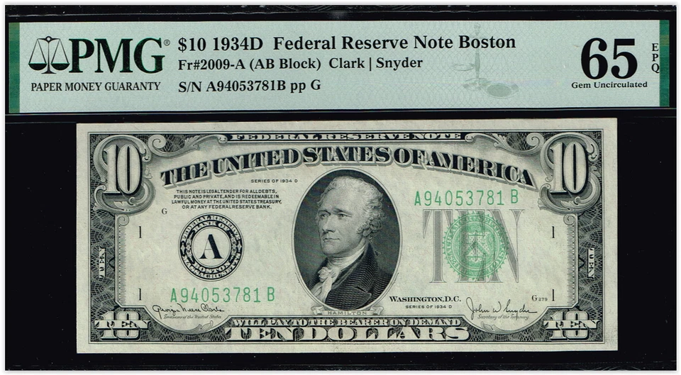 $10 1934D  Boston FRN. Fr. 2009-A. TOUGH GEM NOTE.  PMG 65 EPQ - Image 1 of 3