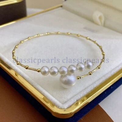 7-8" Gorgeous AAA+ Natural Round Akoya White Pearl Bracelet 14k Gold P - Image 1 of 4