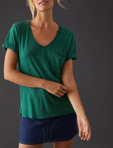 Anthropologie T.La Women's Dark Green Short Sleeve Classic V-neck Top Tee Sz XXS - Picture 1 of 4