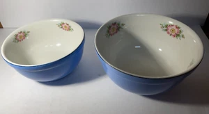 Pair of Vintage Blue Hall Ceramic Nesting Mixing Bowls, Rose Parade - Picture 1 of 15
