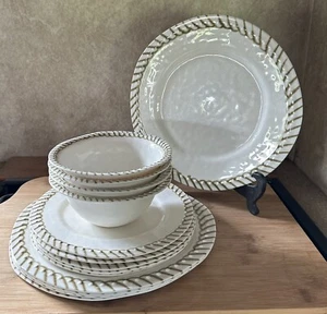 Melamine Dinnerware Cream Classic Rope Pattern 14 PCs Plates, Bowls - Picture 1 of 5