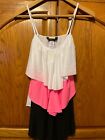 Vintage 80s tank top camisole womens L 1955 Vintage Hot Pink white Black layered