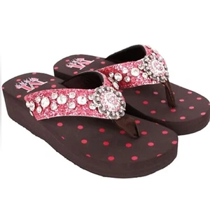 Montana West Brown Flip Flops with Pink Glitter and Rhinestone Concho NIB - Picture 1 of 2