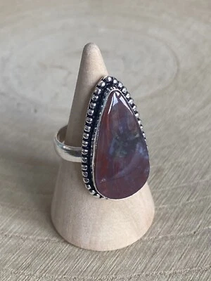 Red Moss Agate Ring Size P Sterling Silver 925 Plated Vintage Boho Pear Shape - Image 1 of 4