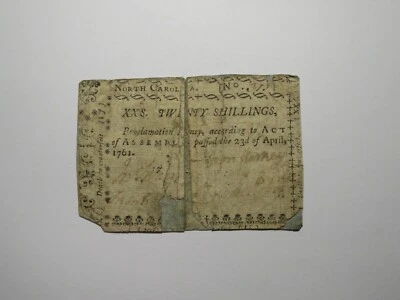 1761 Twenty Shillings North Carolina NC Colonial Currency Note Bill RARE 20s - Image 1 of 2