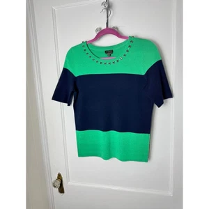 Talbots Short Sleeve Sweater MP Green Blue Color Block Merino Wool NEW Chic - Picture 1 of 7