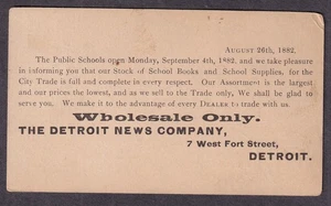 1882 postal card The Detroit News Company/re school books at wholesale only - Picture 1 of 2