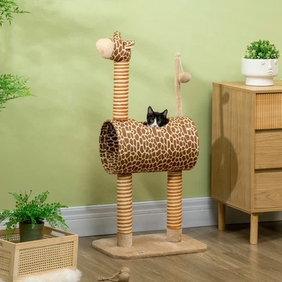 PawHut 101cm Cat Tree Play Tower with Giraffe Scratching Post Tunnel, Beige - Image 1 of 4