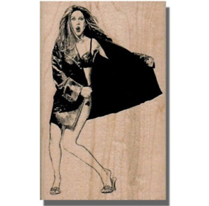 Mounted Rubber Stamp, FLASHING WOMAN, Sexy, Lingerie, Retro Woman, Pretty Lady