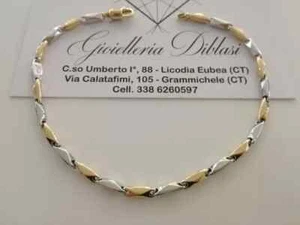 18K YELLOW WHITE GOLD BRACELET 3/4MM ROUNDED TUBE LINK 8.5 INCHES MADE IN ITALY - Picture 1 of 8