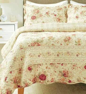 ANTIQUE ROSE Full Queen 3pc QUILT SET : CHIC CREAM SHABBY VINTAGE COTTAGE ROSES - Image 1 of 4