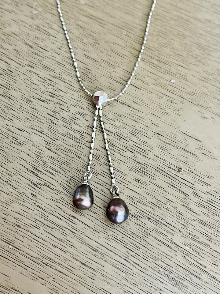 Collar Lariat Vintage Chapado en Oro 18k W Perla Marrón Natural 925 Esterlina Foto 1 de 4