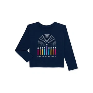 Holiday Time Girls Long Sleeve Happy Hanukkah Graphic Tee Cute Comfy Sizes 4-18 - Picture 1 of 3