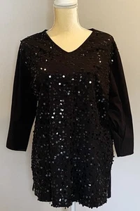 NWT QVC QUACKER FACTORY Black Square Sequined V-Neck 3/4 Sleeve Tunic Top Sz L - Picture 1 of 6