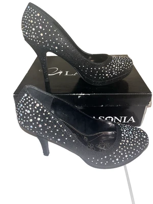 Lasonia Black Glitter Closed Toe Heels Size 7.5 – Dress Shoes M7756 w/ Box - Image 1 of 4