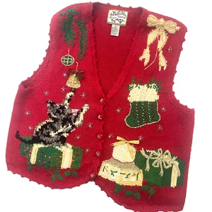 VTG Heirloom Collectibles Sweater Vest Women Large Christmas Cats Bells Cardigan - Picture 1 of 12
