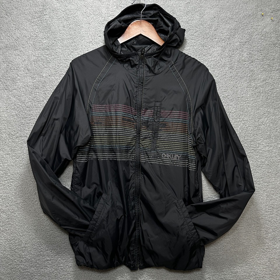 Oakley Windbreaker Hooded Mens Sz Medium Black Zip Jacket Nylon 