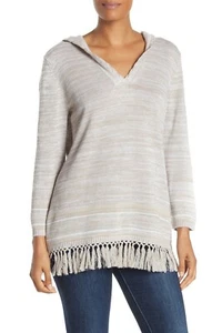 TOMMY BAHAMA Hoodie SWEATER Size M Striped Fringe Linen Cotton Natural $135 - Picture 1 of 6