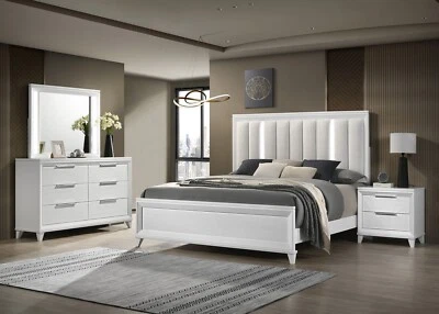 5Pc White Finish King Size Bedroom Set Built in Lighting HB Upholstered Bed - Image 1 of 4