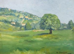 Antigua pintura original firmada paisaje, bosque, árboles, pueblo Ródano 1929 - Imagen 1 de 8