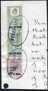 Isle of Man QV 6d KEVII 2/- and 1/- Key Plate Type Revenues CDS on Piece - Picture 1 of 1